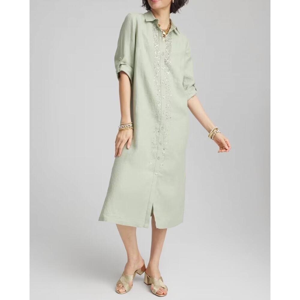 Chicos Linen Embellished Midi Shirt Dress Womens 18 Coastal Boho Relaxed Fit